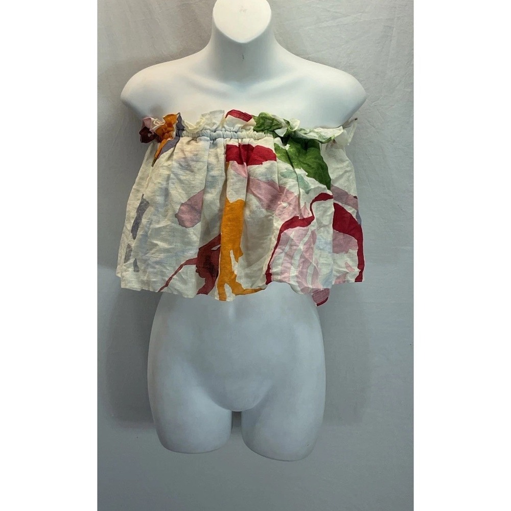 Cult Gaia Linen Halter Abstract Floral Sz S Tasseled Ruffles Spring Summer